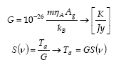 G uguale a 10 alla meno ventisei per m per eta a per a g diviso k b (in Kelvin su Jansky)