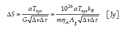 delta S uguale ad alfa per T sys diviso (G per radice di (delta ni per delta tau))